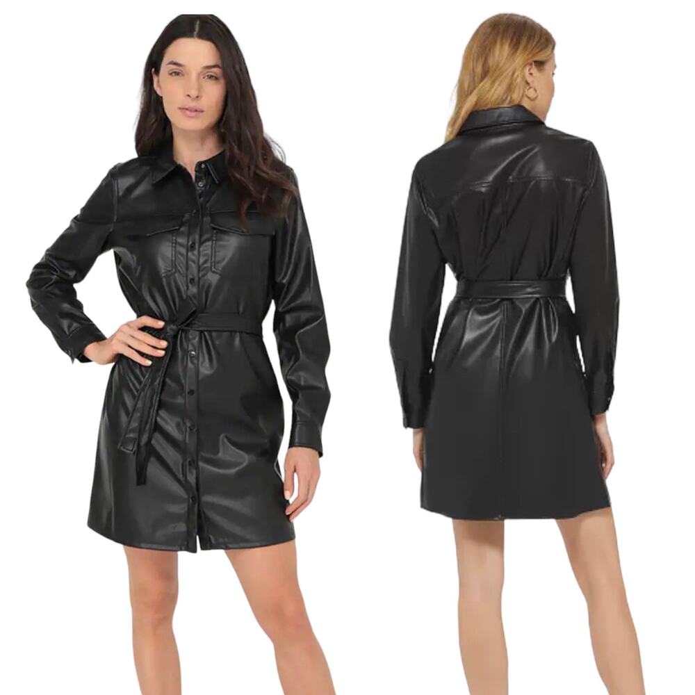 DKNY NWT  Black Faux Leather Dress Long Sleeve Size XL $149